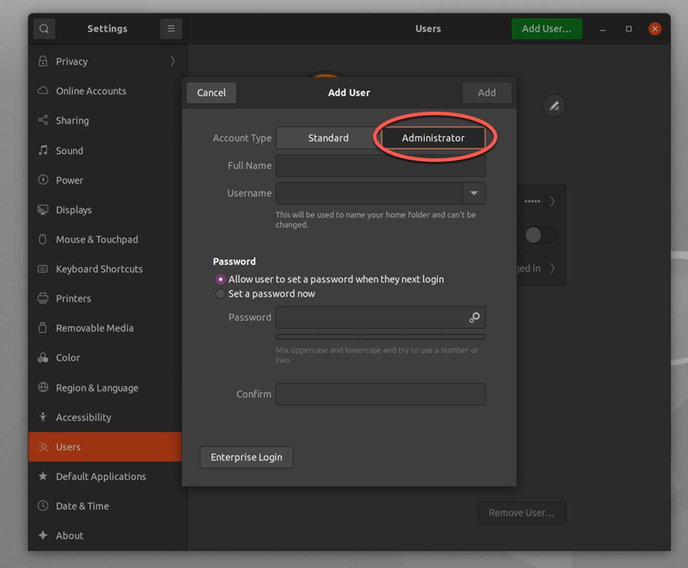 The new user details window The new user details window