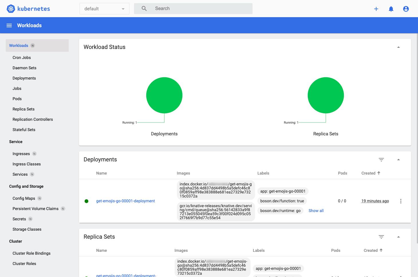 The default Kubernetes Dashboard showing the get-emojis-go deployment. The default Kubernetes Dashboard showing the get-emojis-go deployment.
