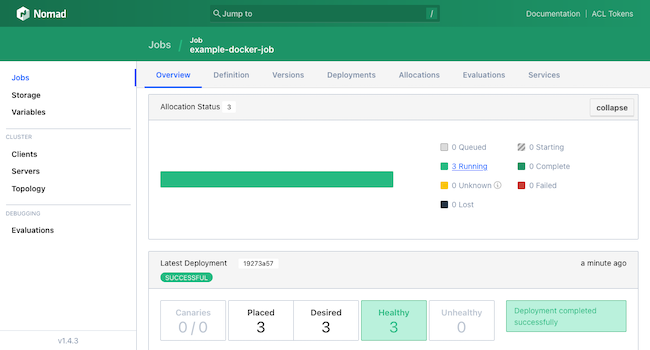 The example job listed in the Nomad web interface The example job listed in the Nomad web interface