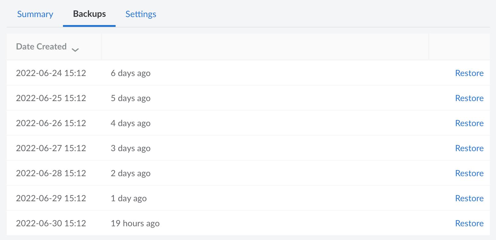 Screenshot of all available managed backups in Cloud Manager Screenshot of all available managed backups in Cloud Manager